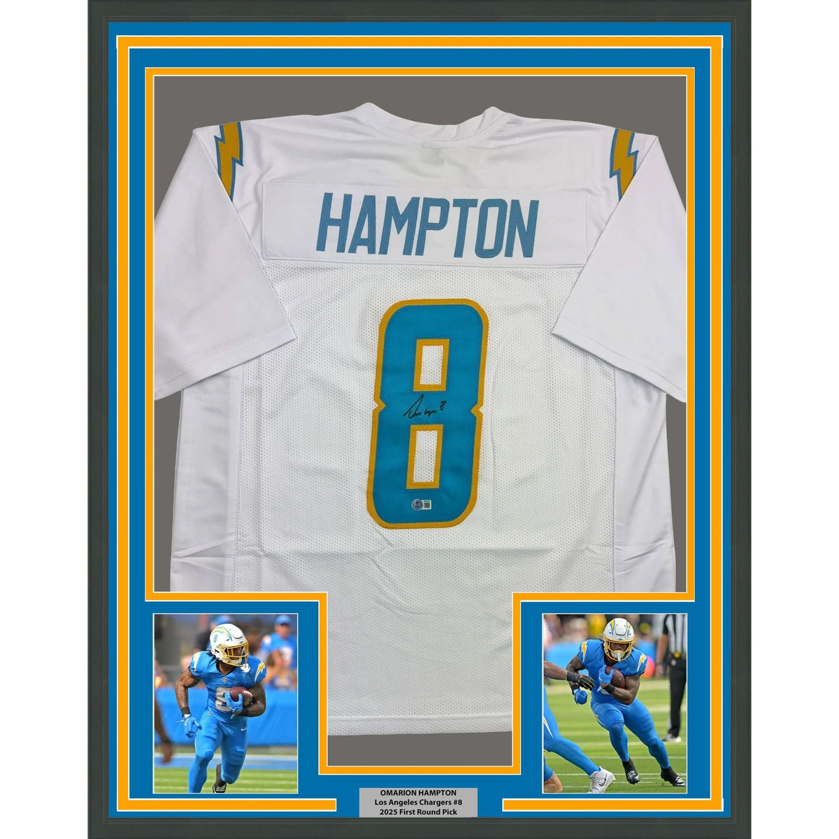 Framed Autographed/Signed Omarion Hampton 35x39 Los Angeles San Diego White Football Jersey Beckett BAS COA