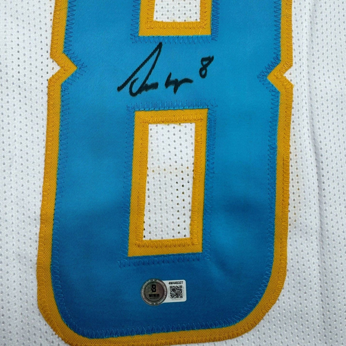 Framed Autographed/Signed Omarion Hampton 35x39 Los Angeles San Diego White Football Jersey Beckett BAS COA