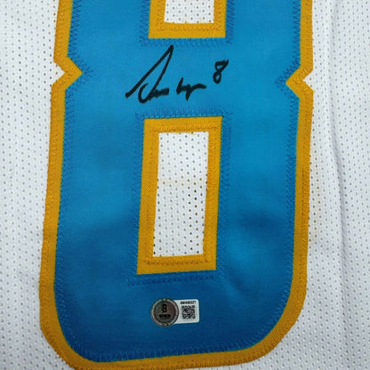 Framed Autographed/Signed Omarion Hampton 35x39 Los Angeles San Diego White Football Jersey Beckett BAS COA