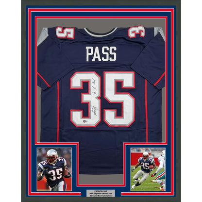 Framed Autographed/Signed Patrick Pass 3x SB Champ 35x39 New England Blue Football Jersey Beckett BAS COA