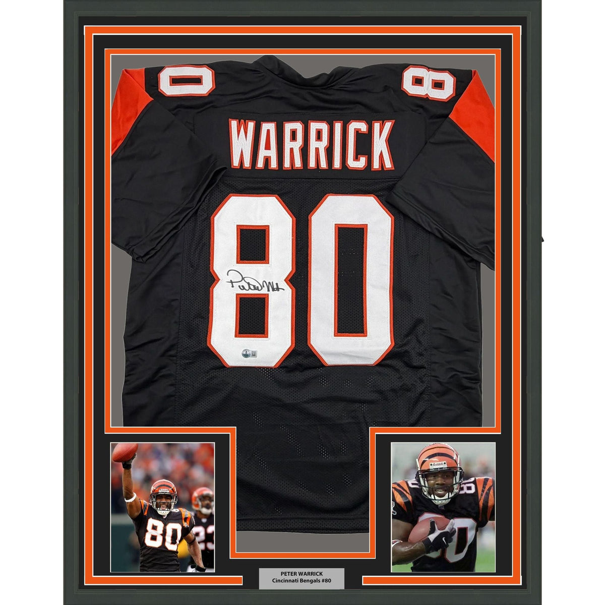 Framed Autographed/Signed Peter Warrick 35x39 Cincinnati Black Football Jersey Beckett BAS COA
