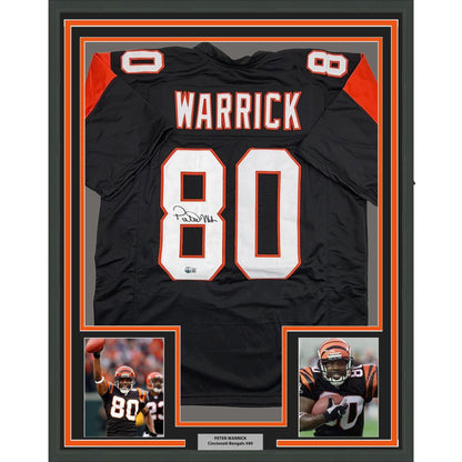 Framed Autographed/Signed Peter Warrick 35x39 Cincinnati Black Football Jersey Beckett BAS COA