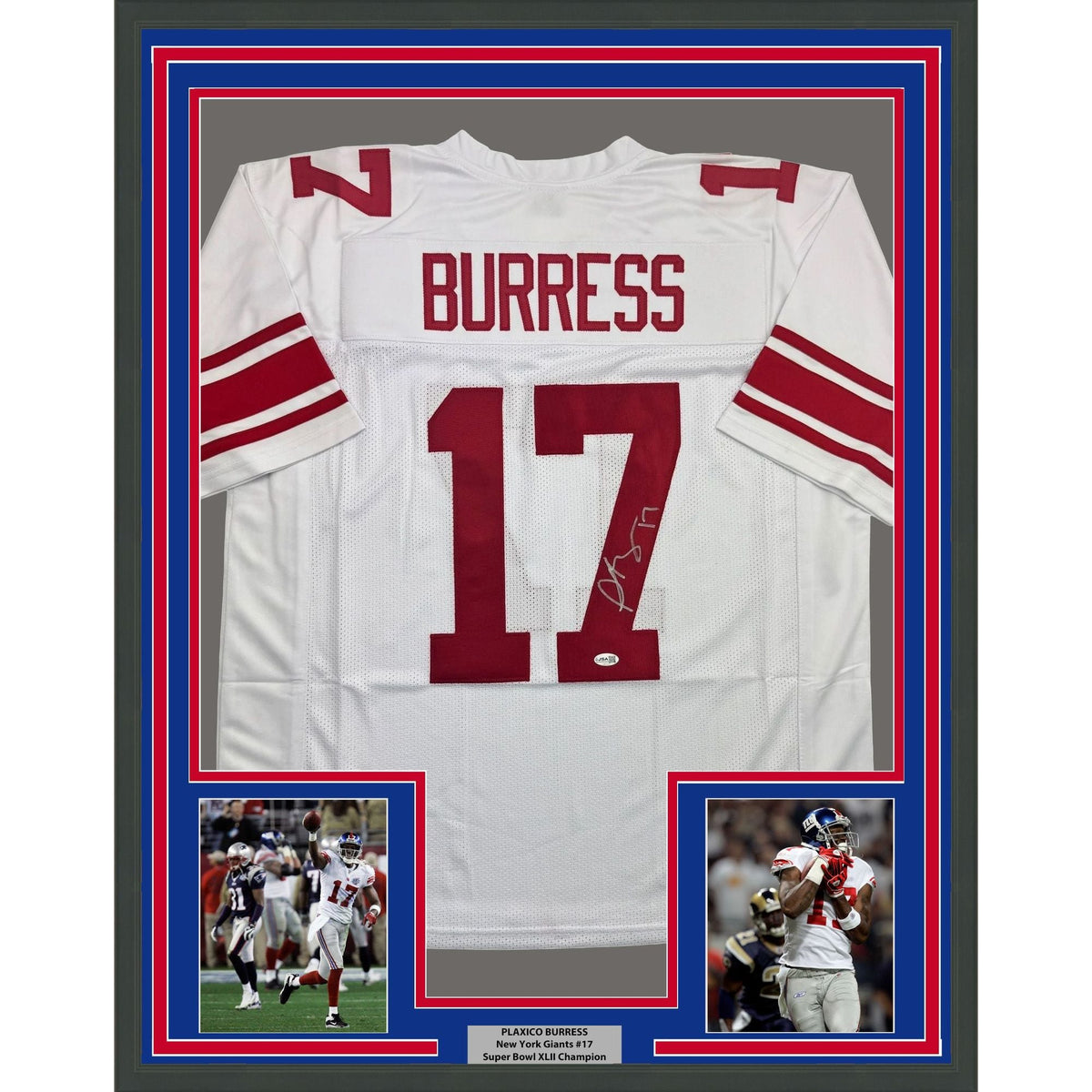 Framed Autographed/Signed Plaxico Burress 35x39 New York White Football Jersey JSA COA