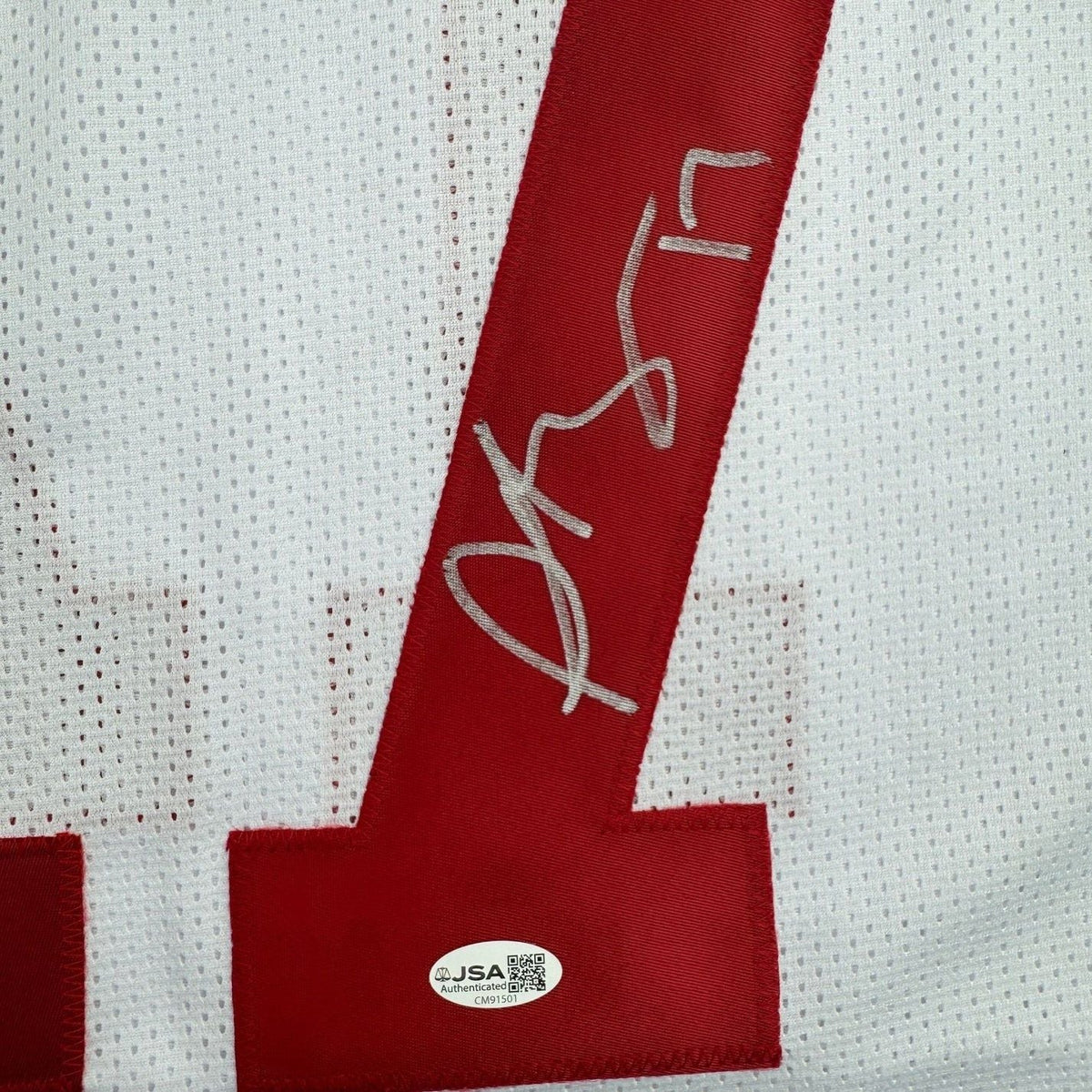 Framed Autographed/Signed Plaxico Burress 35x39 New York White Football Jersey JSA COA