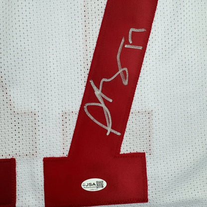 Framed Autographed/Signed Plaxico Burress 35x39 New York White Football Jersey JSA COA