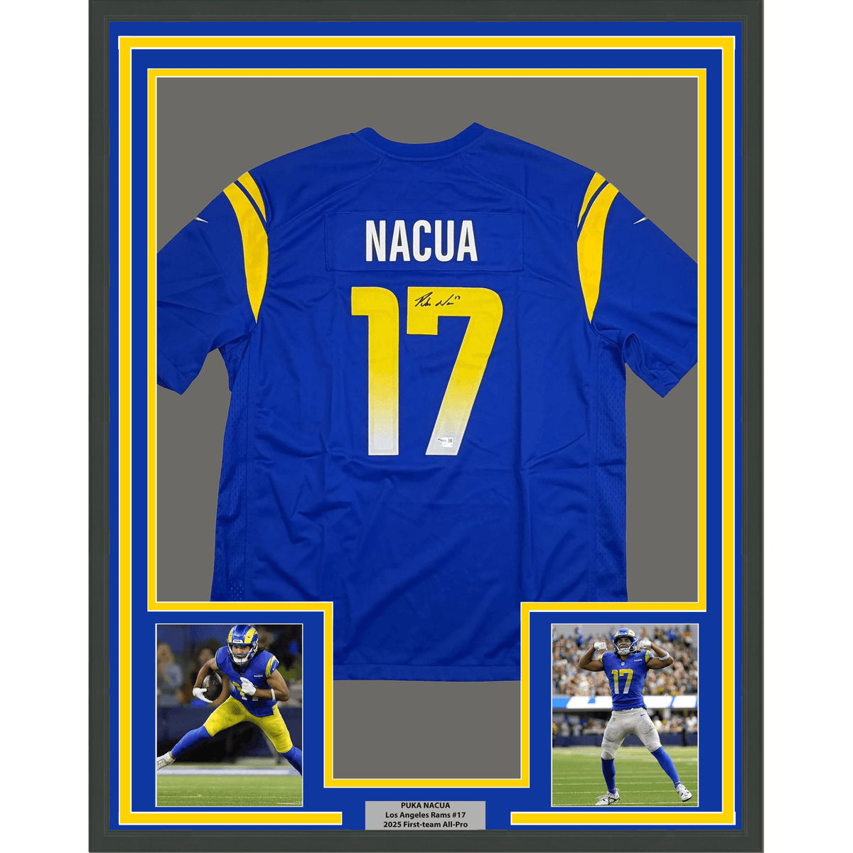Framed Autographed/Signed Puka Nacua #17 35x39 Los Angeles LA Rams Blue Authentic Nike Rookie Football Jersey Fanatics COA