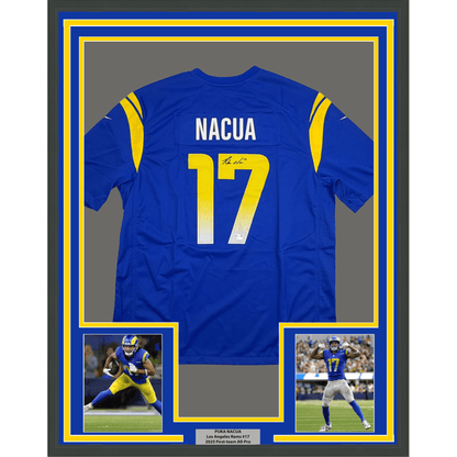 Framed Autographed/Signed Puka Nacua #17 35x39 Los Angeles LA Rams Blue Authentic Nike Rookie Football Jersey Fanatics COA
