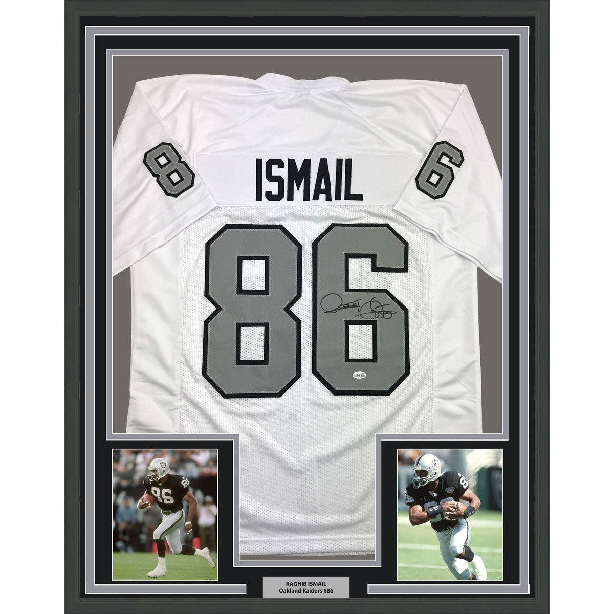 Framed Autographed/Signed Raghib Ismail Rocket 35x39 Oakland White Color Rush Football Jersey Beckett BAS COA