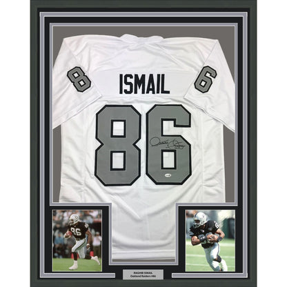 Framed Autographed/Signed Raghib Ismail Rocket 35x39 Oakland White Color Rush Football Jersey Beckett BAS COA