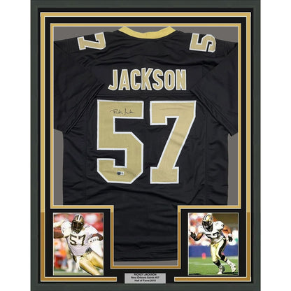Framed Autographed/Signed Rickey Jackson 35x39 New Orleans Black Football Jersey Beckett COA