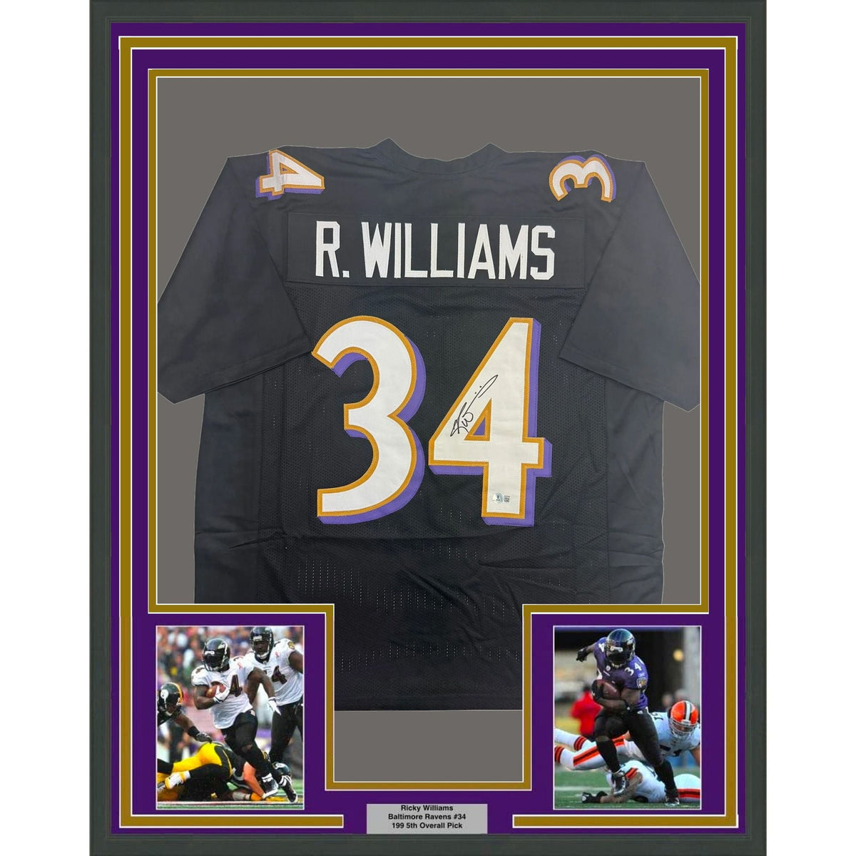 Framed Autographed/Signed Ricky Williams 35x39 Baltimore Black Football Jersey Beckett BAS COA