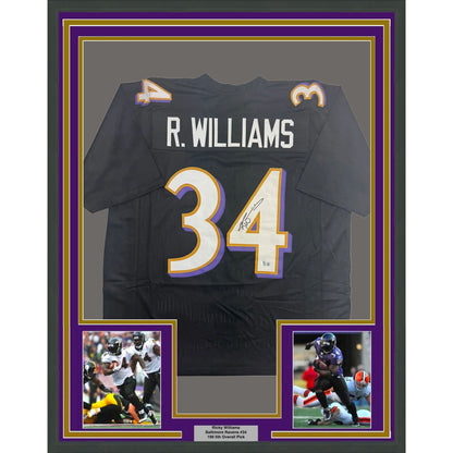 Framed Autographed/Signed Ricky Williams 35x39 Baltimore Black Football Jersey Beckett BAS COA