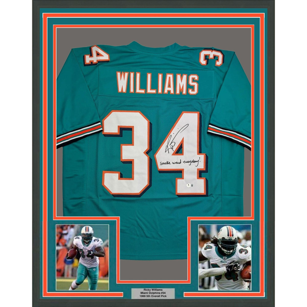 Framed Autographed/Signed Ricky Williams 35x39 Smoke Weed Everyday Miami Teal Football Jersey Beckett BAS COA