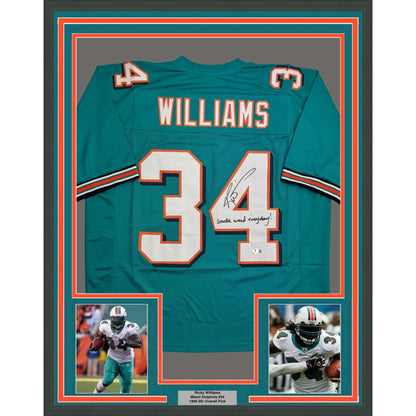 Framed Autographed/Signed Ricky Williams 35x39 Smoke Weed Everyday Miami Teal Football Jersey Beckett BAS COA