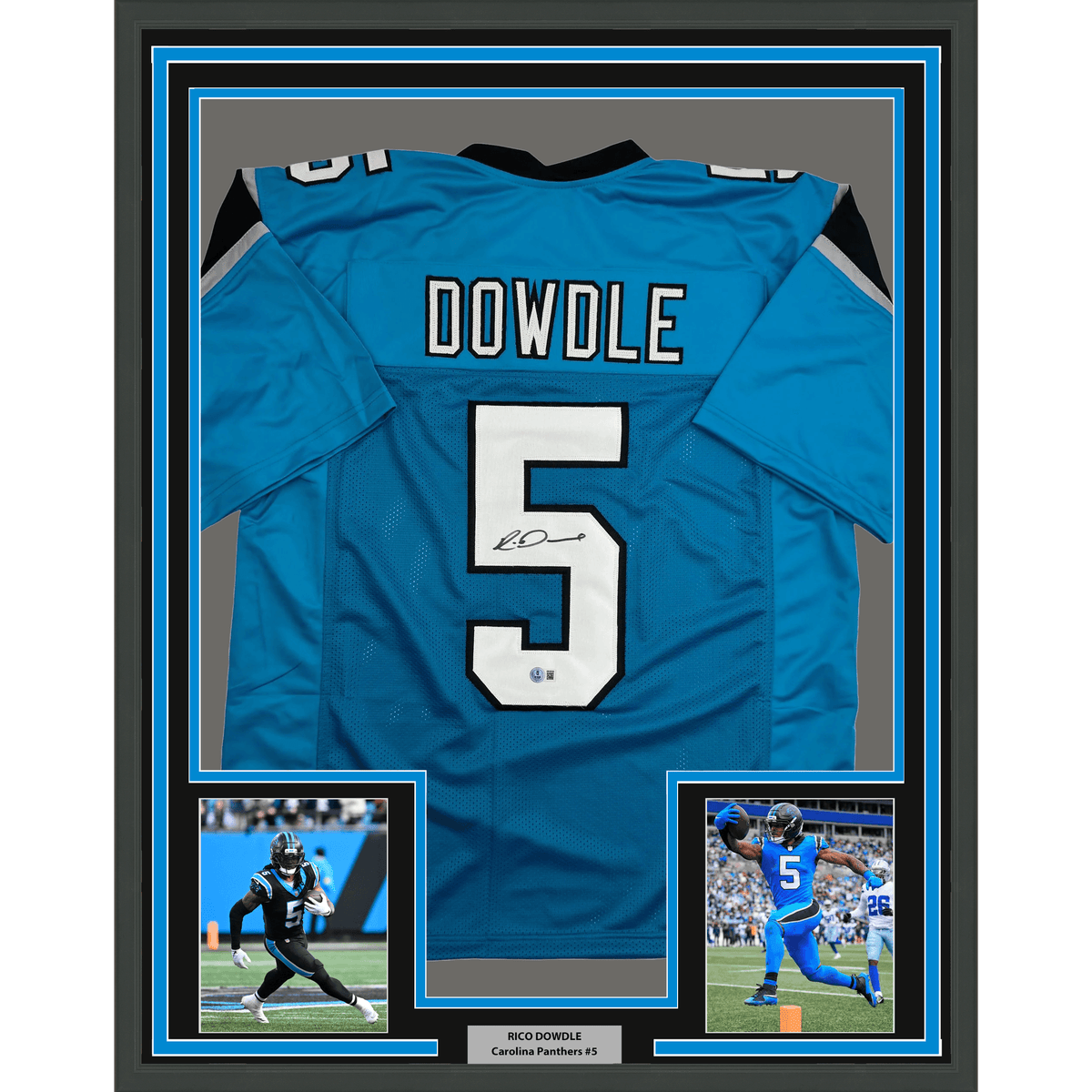Framed Autographed/Signed Rico Dowdle 35x39 Carolina Blue Football Jersey Beckett BAS COA
