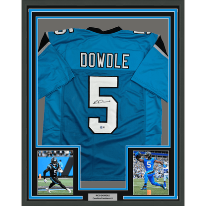 Framed Autographed/Signed Rico Dowdle 35x39 Carolina Blue Football Jersey Beckett BAS COA