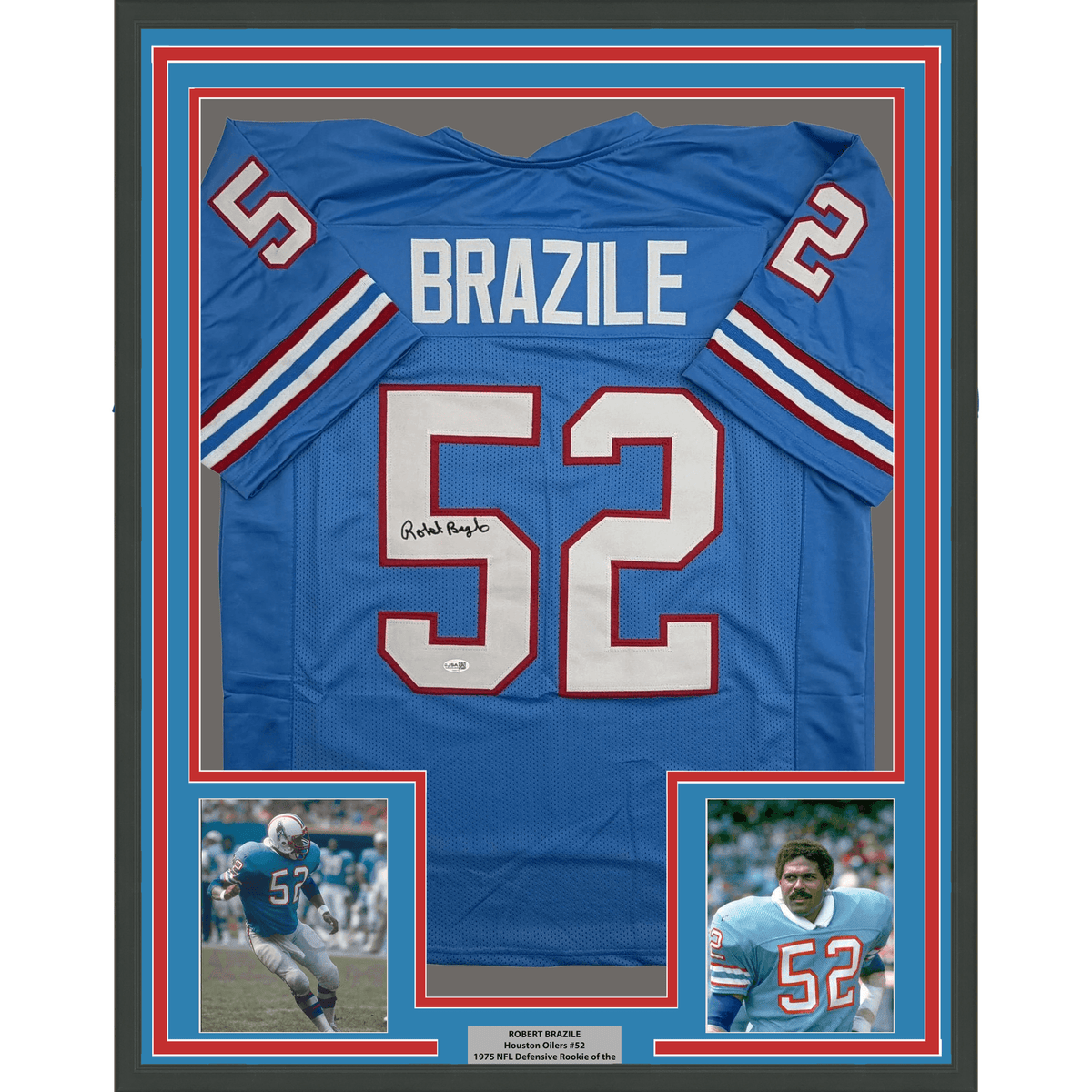 Framed Autographed/Signed Robert Brazile 35x39 Houston Blue Football Jersey JSA COA