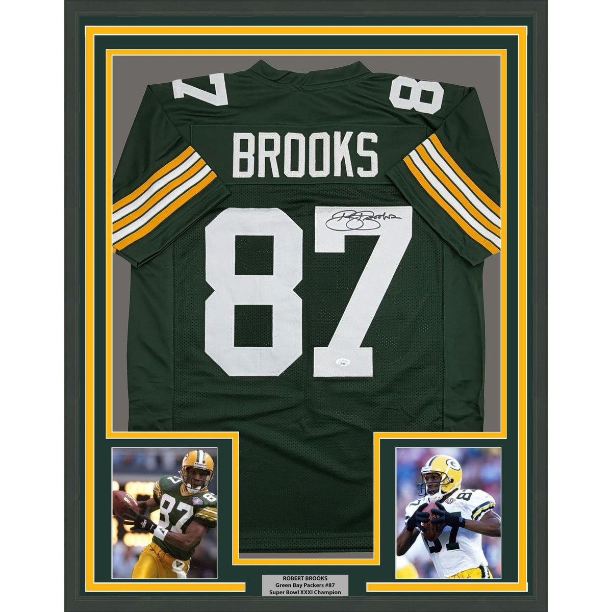 Framed Autographed/Signed Robert Brooks 35x39 Green Bay Green Football Jersey JSA COA