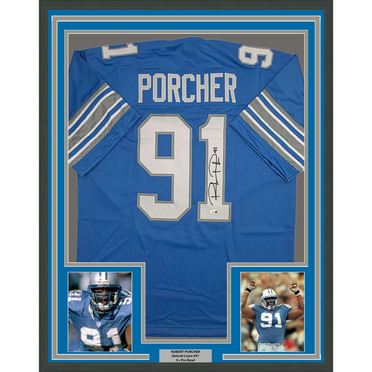 Framed Autographed/Signed Robert Porcher 35x39 Detroit Blue Football Jersey JSA COA
