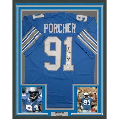 Framed Autographed/Signed Robert Porcher 35x39 Detroit Blue Football Jersey JSA COA
