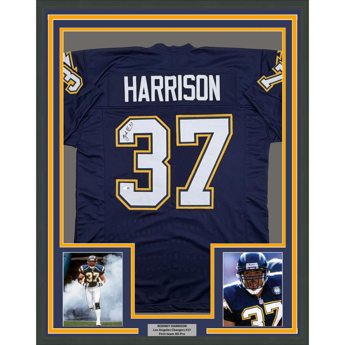Framed Autographed/Signed Rodney Harrison 35x39 Los Angeles San Diego Navy Blue Football Jersey Beckett BAS COA