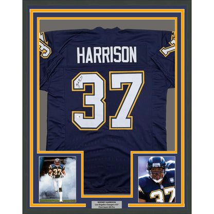 Framed Autographed/Signed Rodney Harrison 35x39 Los Angeles San Diego Navy Blue Football Jersey Beckett BAS COA