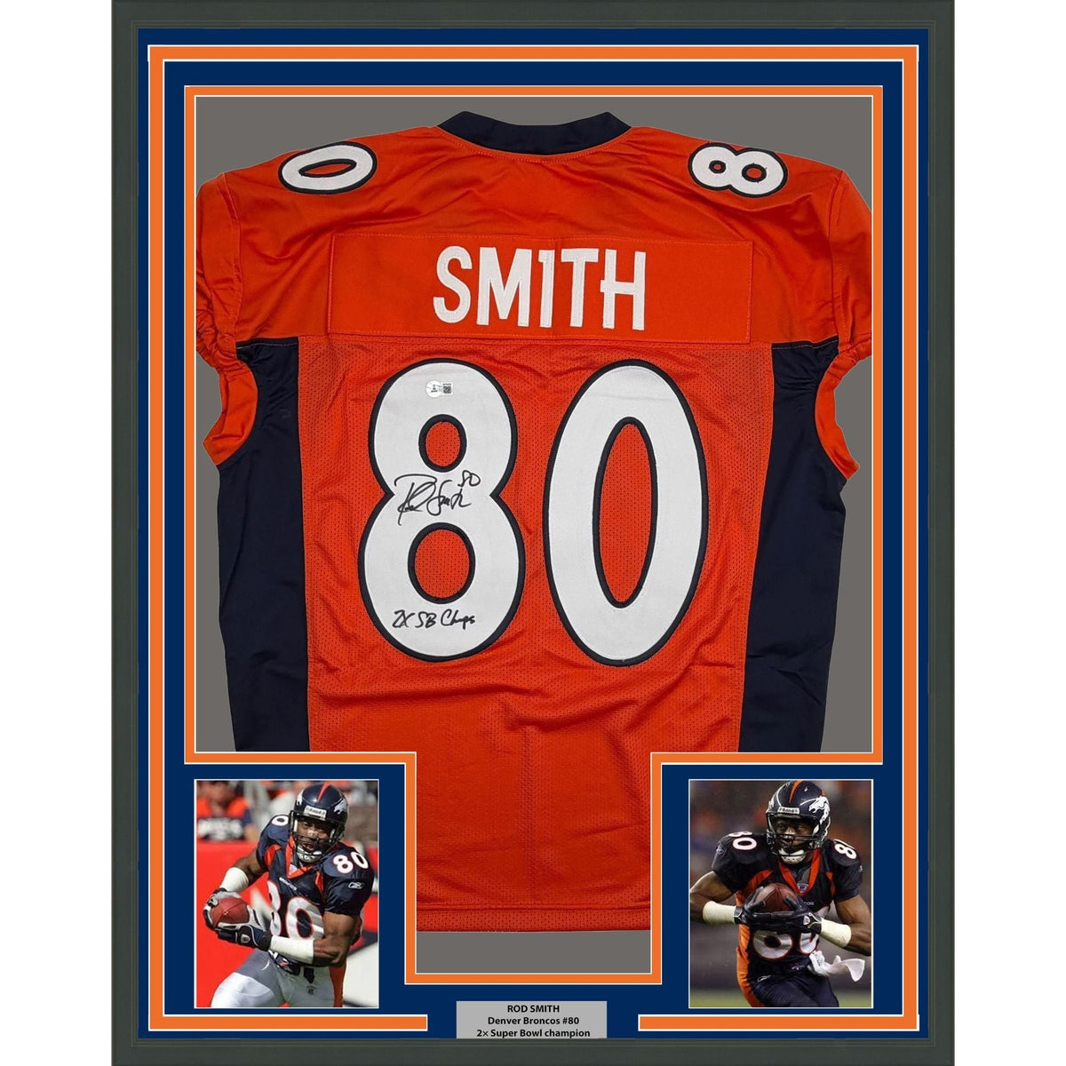 Framed Autographed/Signed Rod Smith 2x SB Champs 35x39 Denver Orange Pro Cut Football Jersey Beckett BAS COA