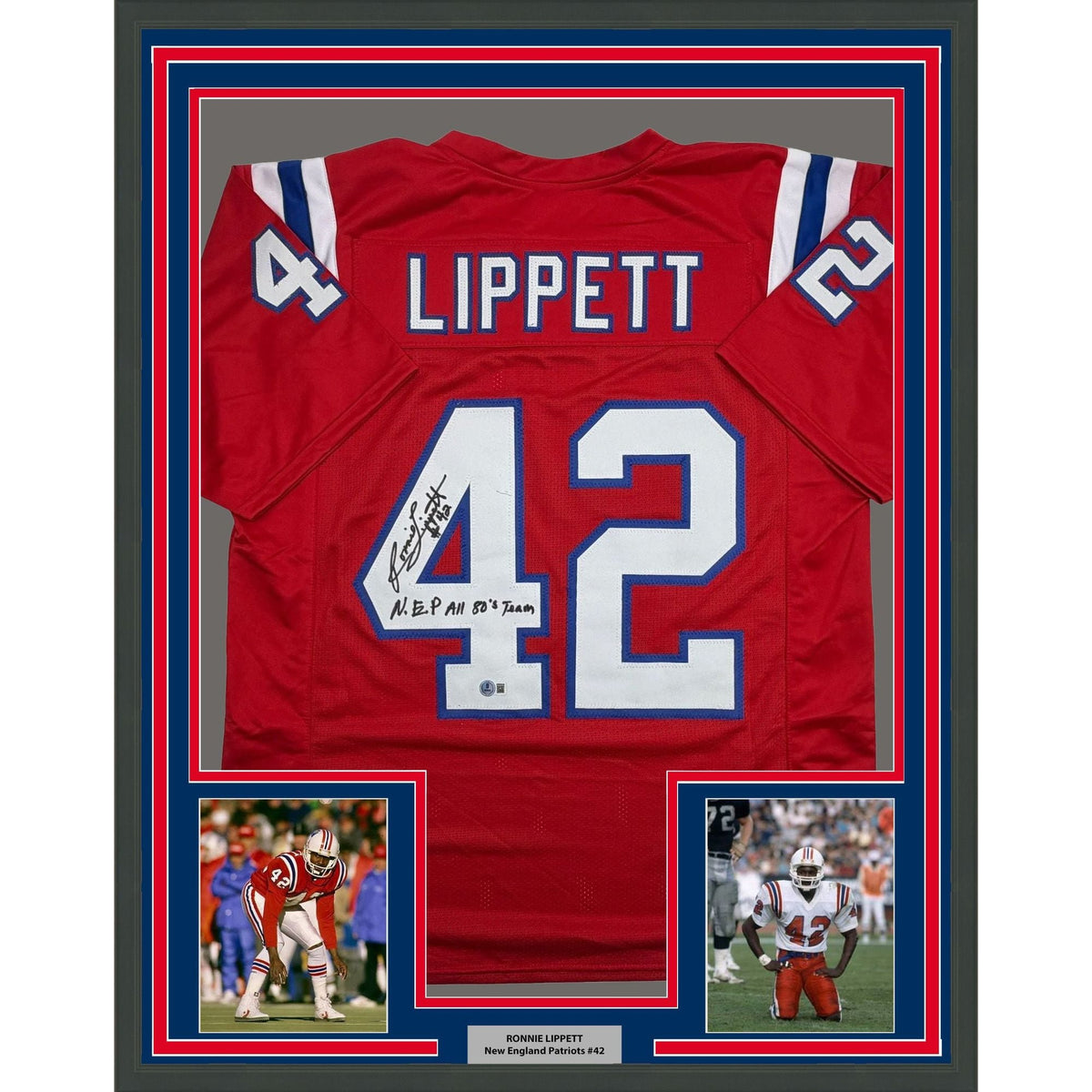 Framed Autographed/Signed Ronnie Lippett 35x39 New England Red Football Jersey Beckett BAS COA