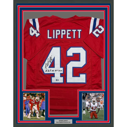 Framed Autographed/Signed Ronnie Lippett 35x39 New England Red Football Jersey Beckett BAS COA