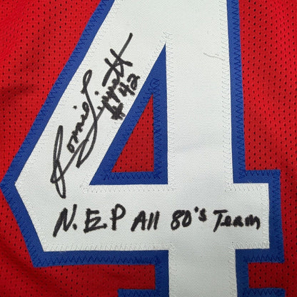 Framed Autographed/Signed Ronnie Lippett 35x39 New England Red Football Jersey Beckett BAS COA