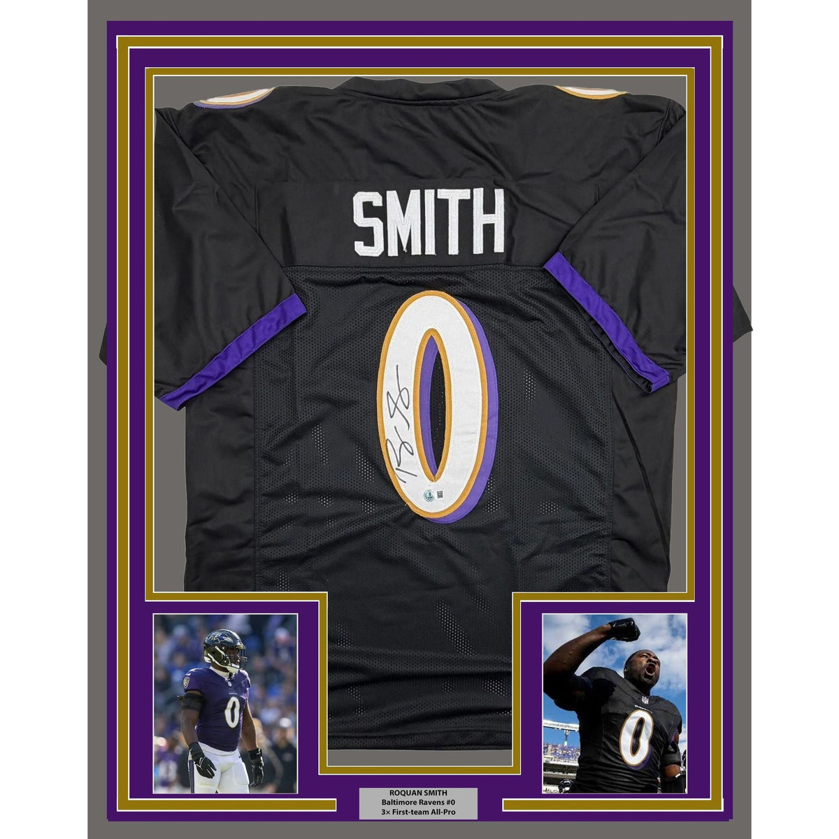 Framed Autographed/Signed Roquan Smith 35x39 Baltimore Black Football Jersey Beckett BAS COA