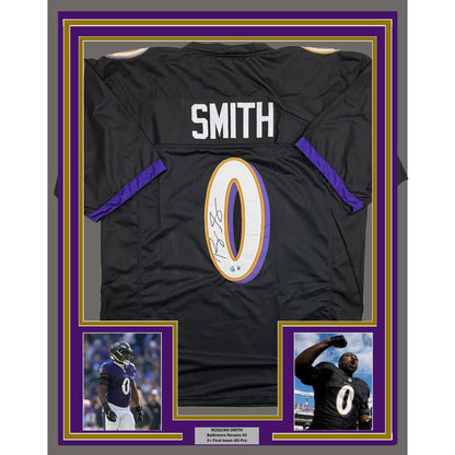 Framed Autographed/Signed Roquan Smith 35x39 Baltimore Black Football Jersey Beckett BAS COA
