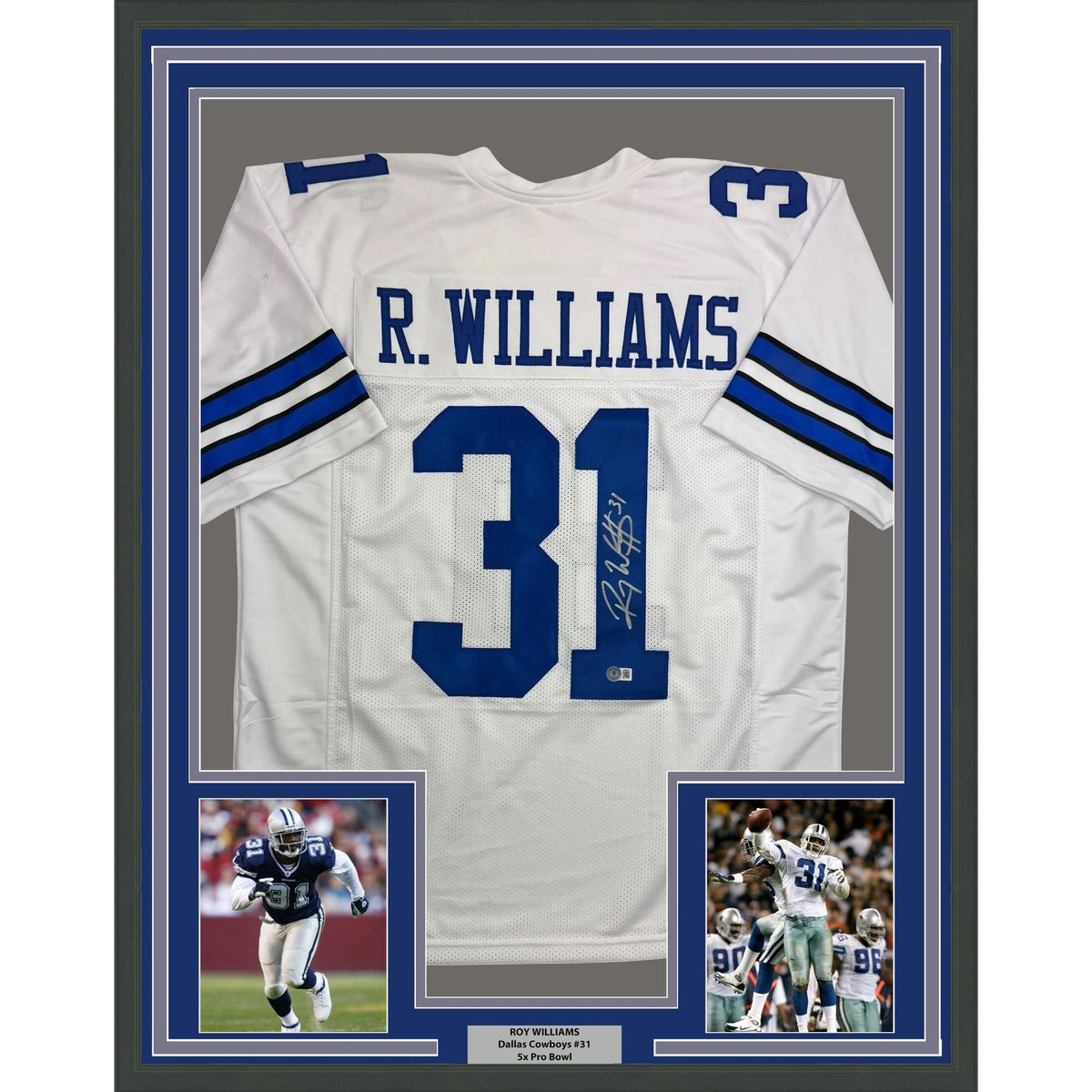 Framed Autographed/Signed Roy Williams 35x39 Dallas White Football Jersey Beckett BAS COA