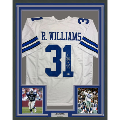 Framed Autographed/Signed Roy Williams 35x39 Dallas White Football Jersey Beckett BAS COA