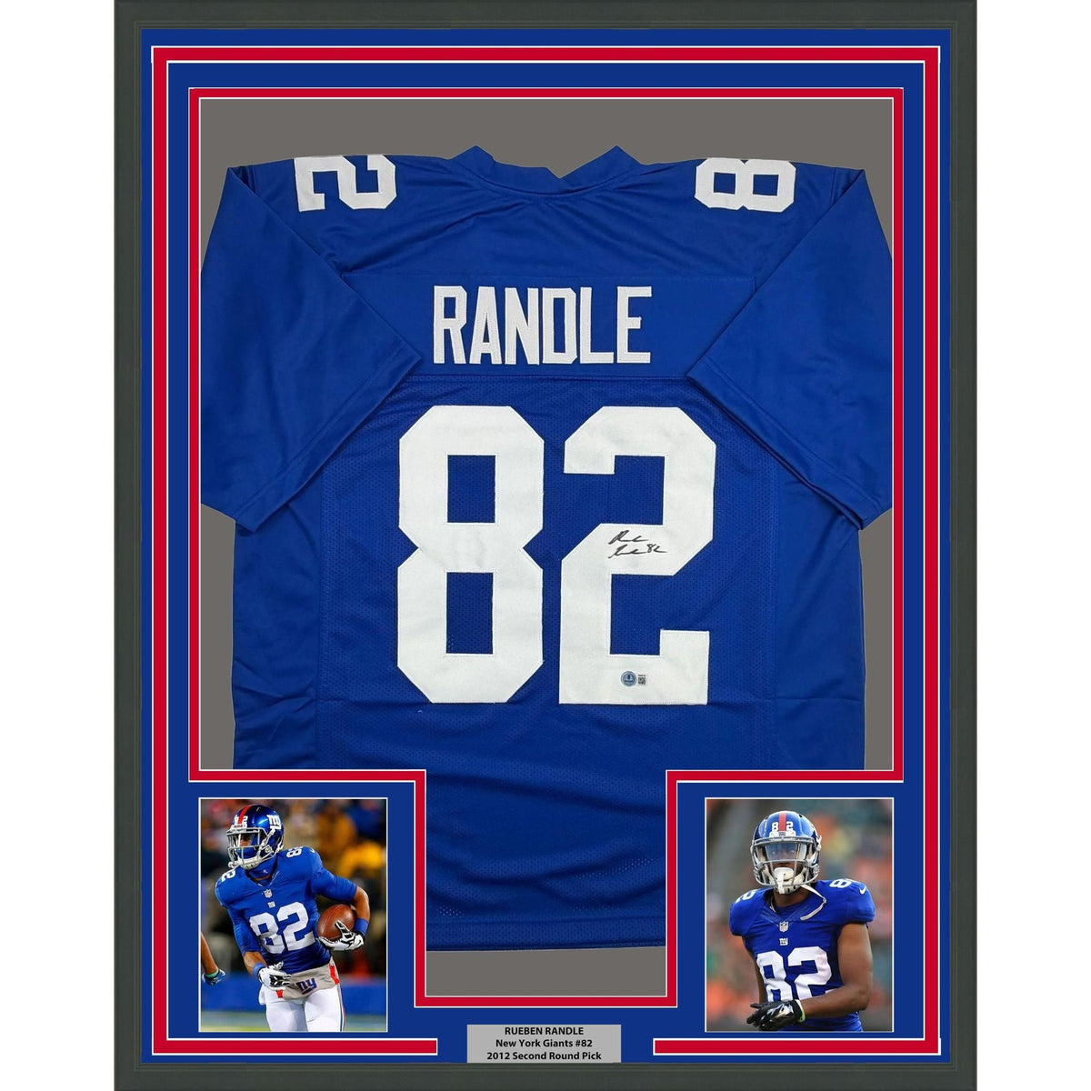 Framed Autographed/Signed Rueben Randle 35x39 New York Blue Football Jersey Beckett BAS COA