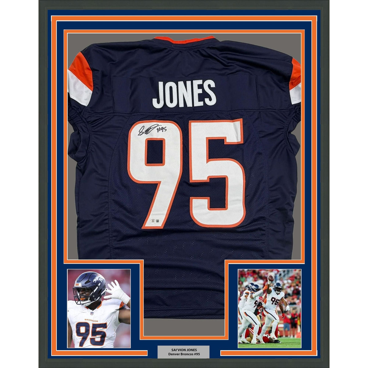 Framed Autographed/Signed Sai'vion Jones 35x39 Denver Blue Pro Cut Football Jersey Beckett BAS COA