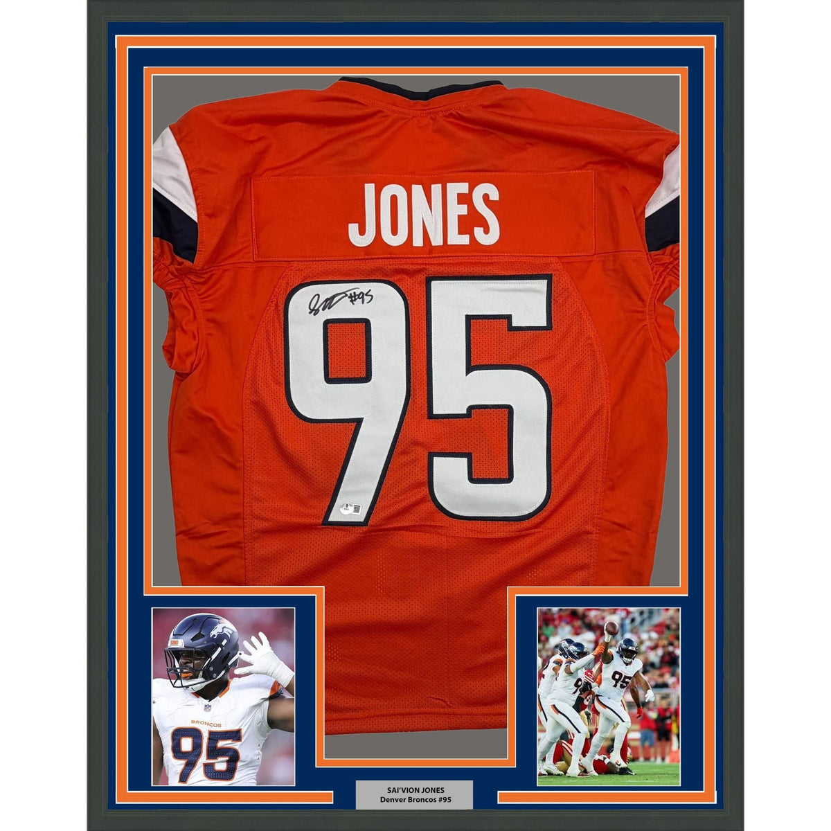 Framed Autographed/Signed Sai'vion Jones 35x39 Denver Orange Pro Cut Football Jersey Beckett BAS COA