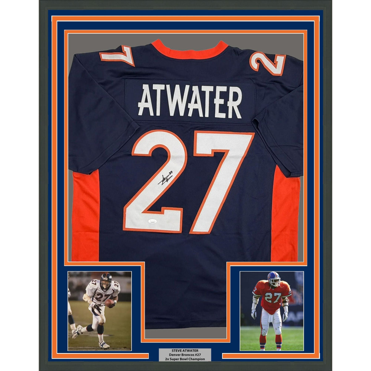 Framed Autographed/Signed Steve Atwater 35x39 Denver Blue Football Jersey JSA COA