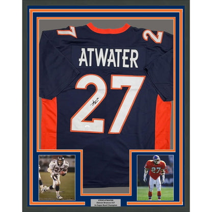 Framed Autographed/Signed Steve Atwater 35x39 Denver Blue Football Jersey JSA COA