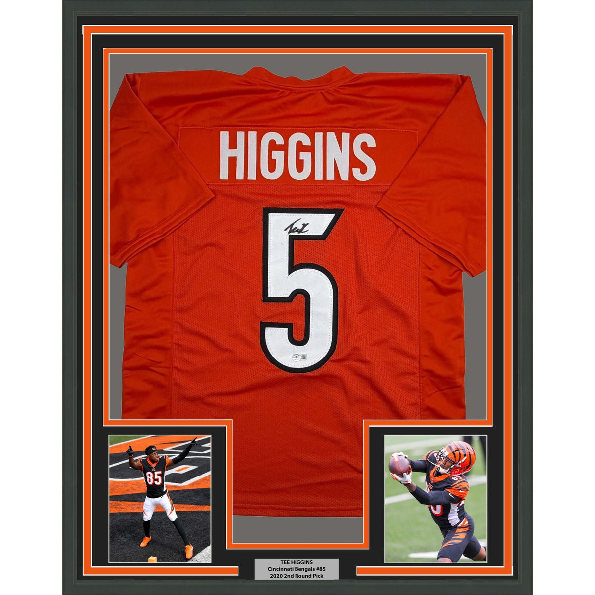 Framed Autographed/Signed Tee Higgins 35x39 Cincinnati Orange Football Jersey Beckett BAS COA