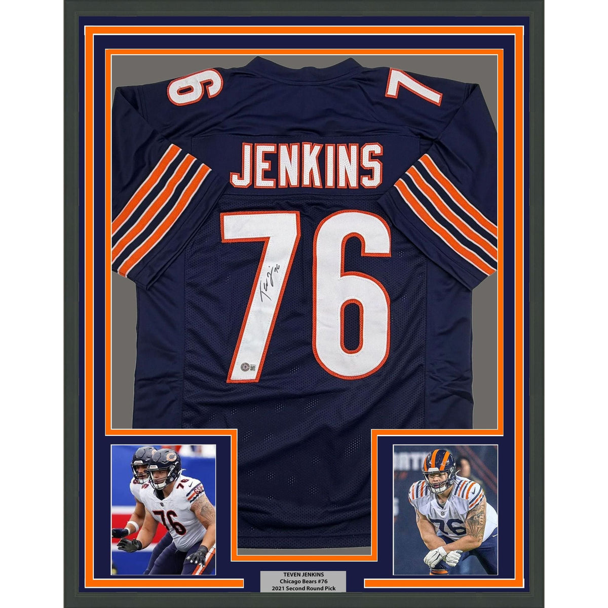 Framed Autographed/Signed Teven Jenkins 35x39 Chicago Blue Football Jersey Beckett BAS COA