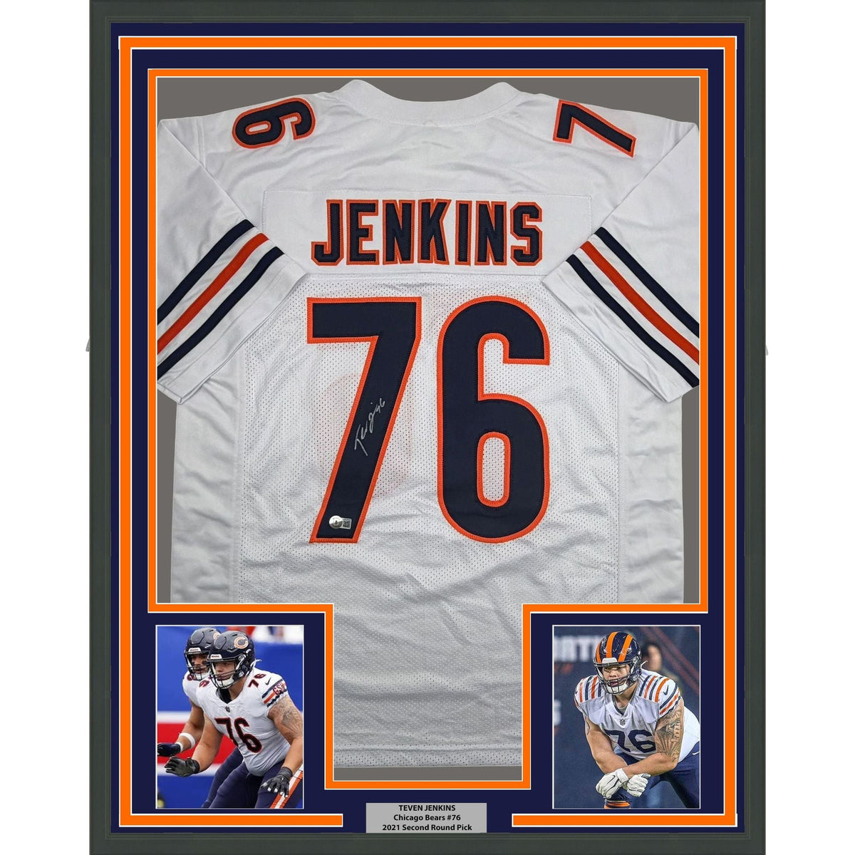 Framed Autographed/Signed Teven Jenkins 35x39 Chicago White Football Jersey Beckett BAS COA