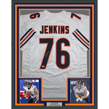 Framed Autographed/Signed Teven Jenkins 35x39 Chicago White Football Jersey Beckett BAS COA