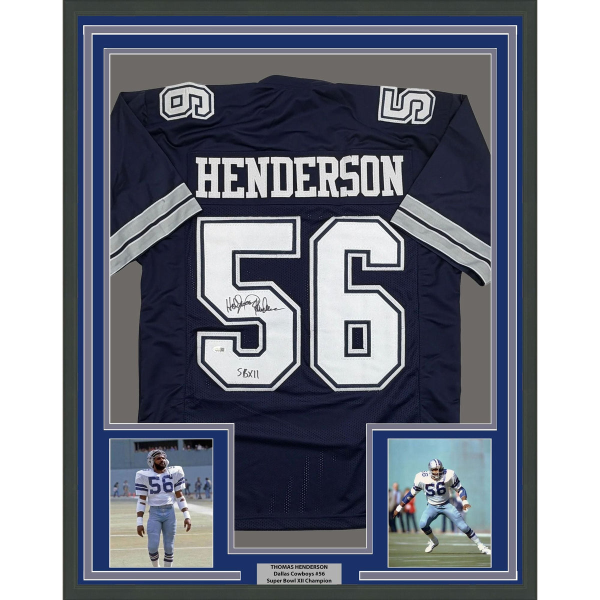 Framed Autographed/Signed Thomas Henderson 35x39 Dallas Blue Football Jersey JSA COA