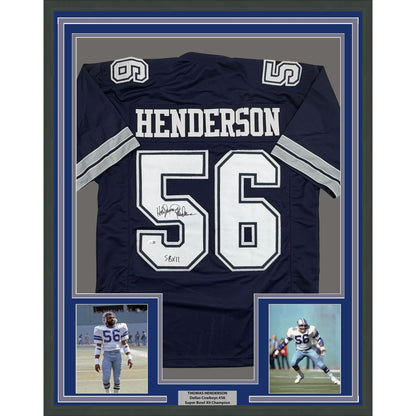 Framed Autographed/Signed Thomas Henderson 35x39 Dallas Blue Football Jersey JSA COA
