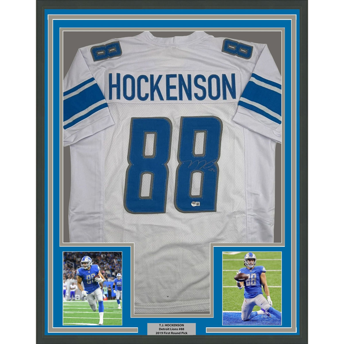 Framed Autographed/Signed TJ Hockenson 35x39 Detroit White Football Jersey Beckett BAS COA
