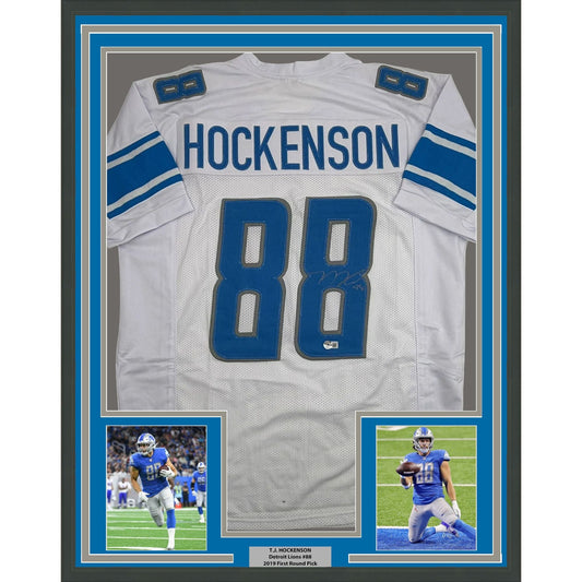 Framed Autographed/Signed TJ Hockenson 35x39 Detroit White Football Jersey Beckett BAS COA