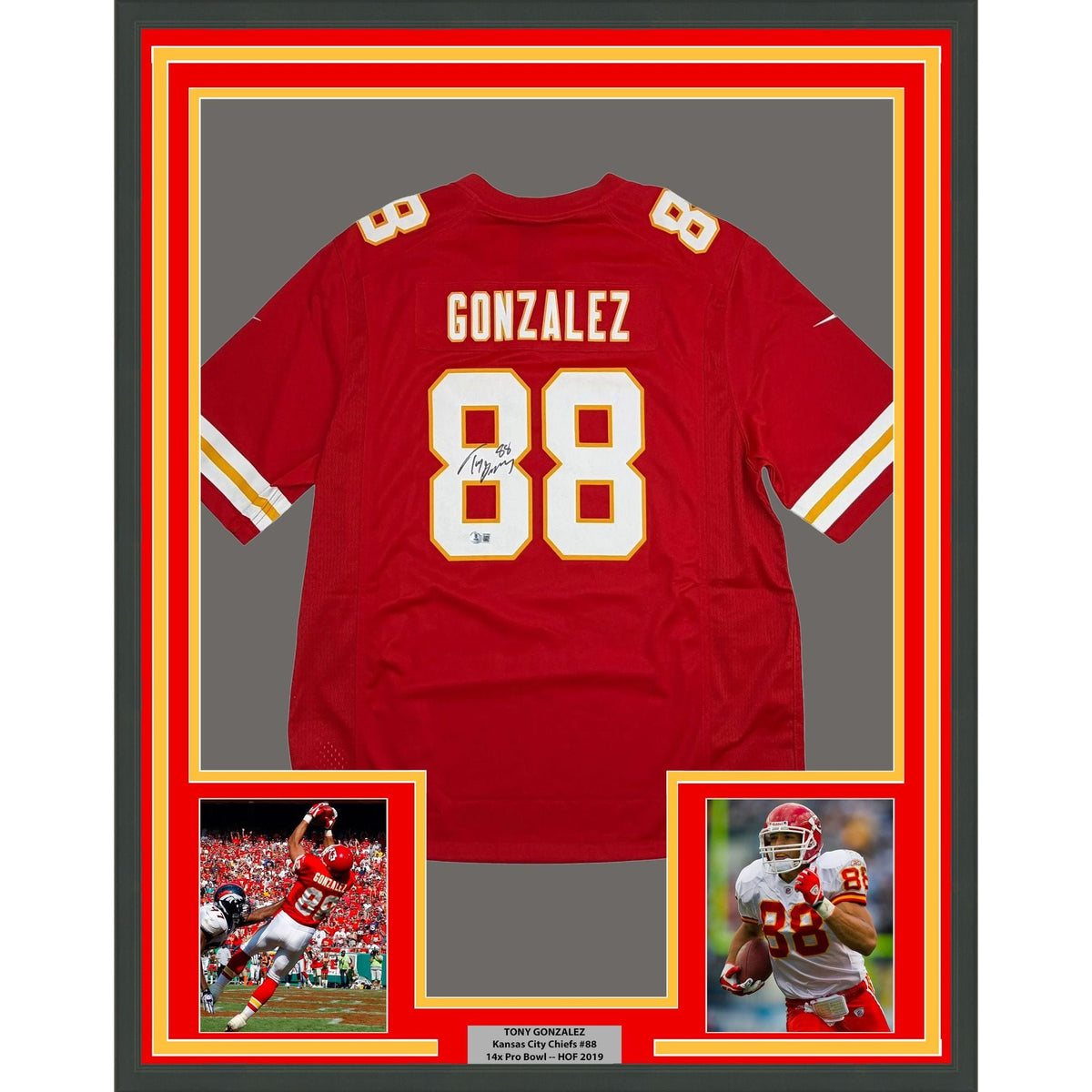 Framed Autographed/Signed Tony Gonzalez 35x39 Kansas City Chiefs Authentic Nike Red Football Jersey Beckett BAS COA