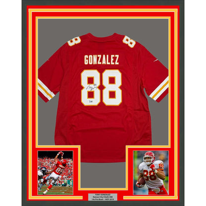 Framed Autographed/Signed Tony Gonzalez 35x39 Kansas City Chiefs Authentic Nike Red Football Jersey Beckett BAS COA