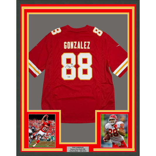 Framed Autographed/Signed Tony Gonzalez 35x39 Kansas City Chiefs Authentic Nike Red Football Jersey Beckett BAS COA